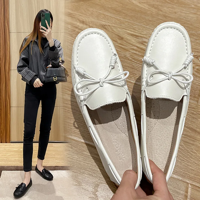 Classic Bowtie Mocasines Woman Genuine Leather Flats Cowhide Single Shoes Ladies Daily Walking Driving Loafers Pregnant Sneakers