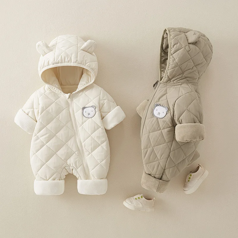 

Autumn Winter Newborn Boys Jumpsuits Hooded Bear Embroidery Thicken Warm Toddler Boys Bodysuits Kids Baby Girls Rompers Overalls