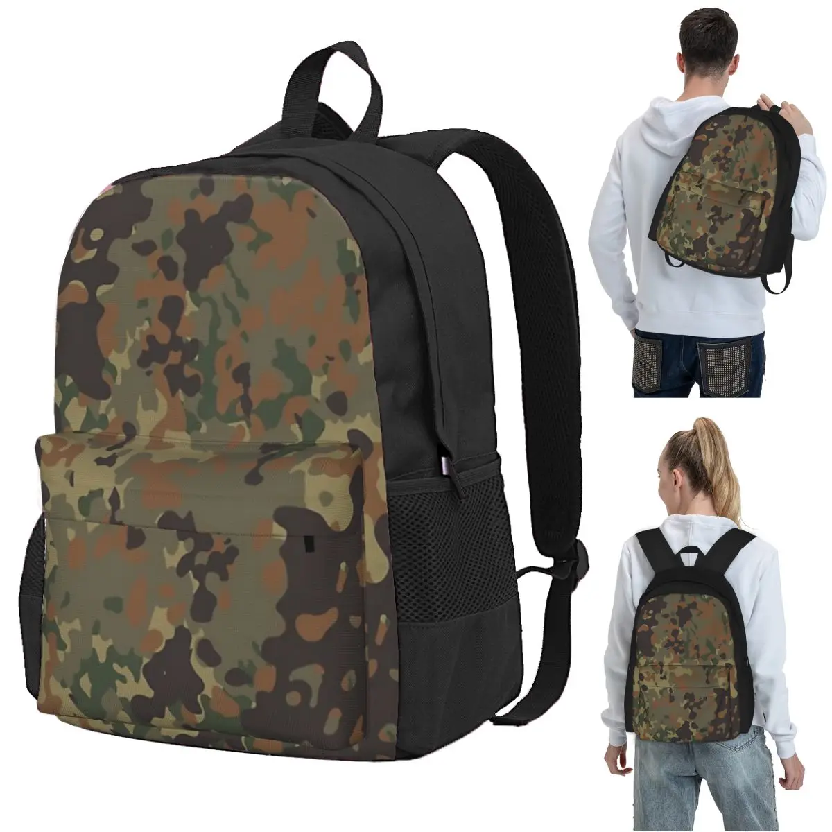 Flecktarn Camouflage Backpack Student BookBag Kids School Bag Computer Shoulder Bags for Men Women