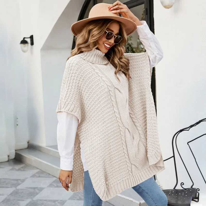 

2025 New Fashion Turtleneck Knitted Sweater Women In Winter Casual Loose Solid Color Shawl Half-sleeved Shirt For Women