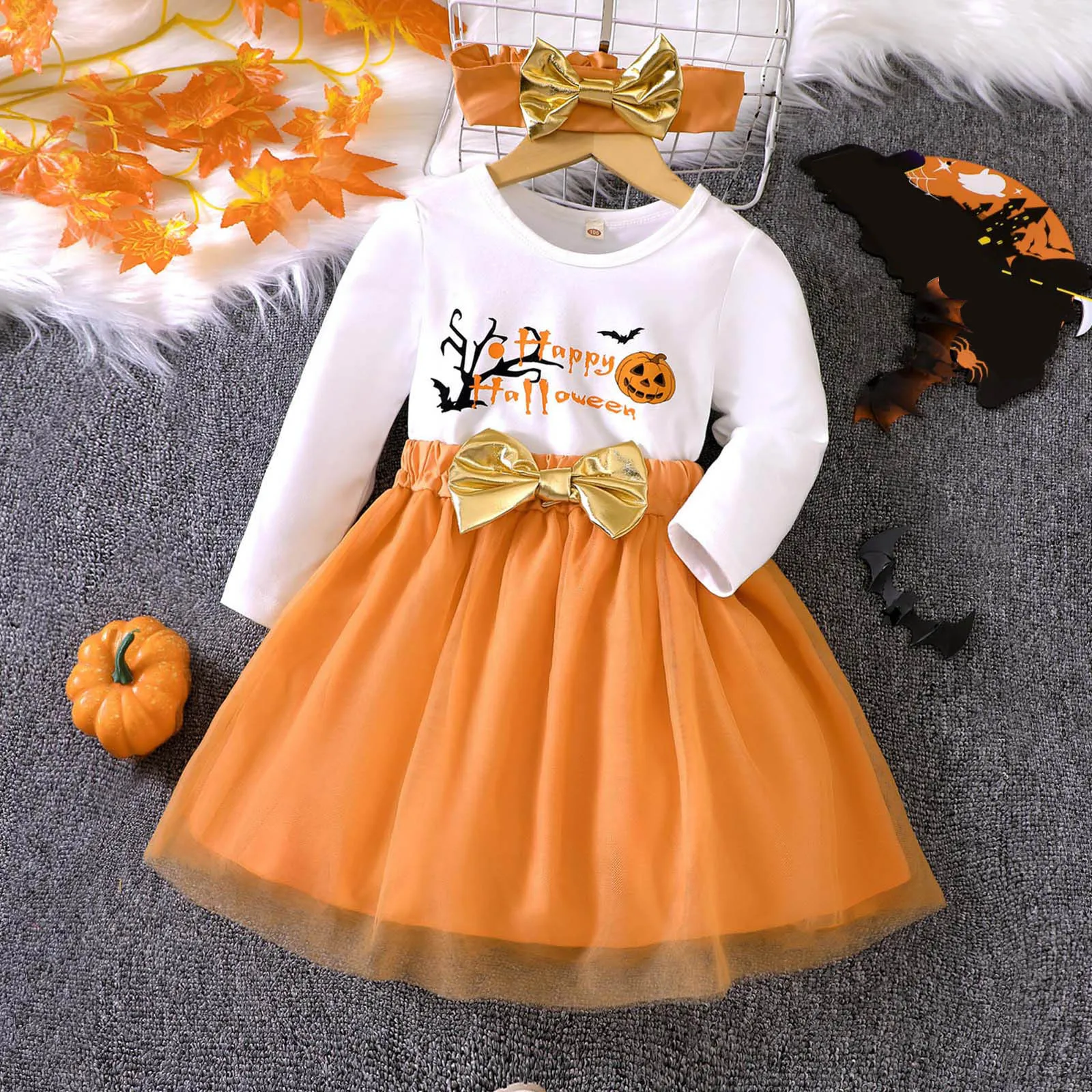 My First Halloween Baby Outfits For Girls Pumpkin Bodysuit+Orange Tulle Skirts+Hairband 3Pcs Sets Winter Party Halloween Costume