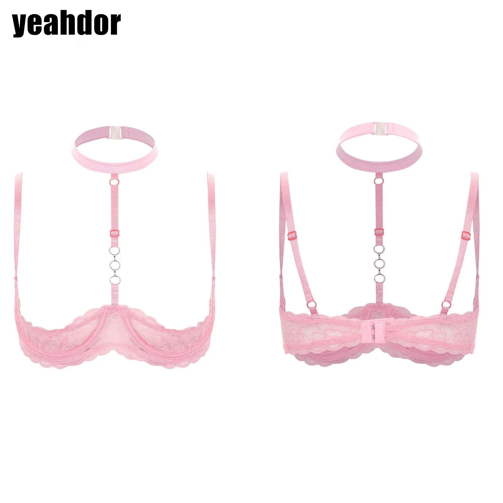 Sujetador con cuello Halter para mujer, Top de copa 1/4 con aros y anillo redondo de encaje transparente, Push Up, lencería, ropa interior