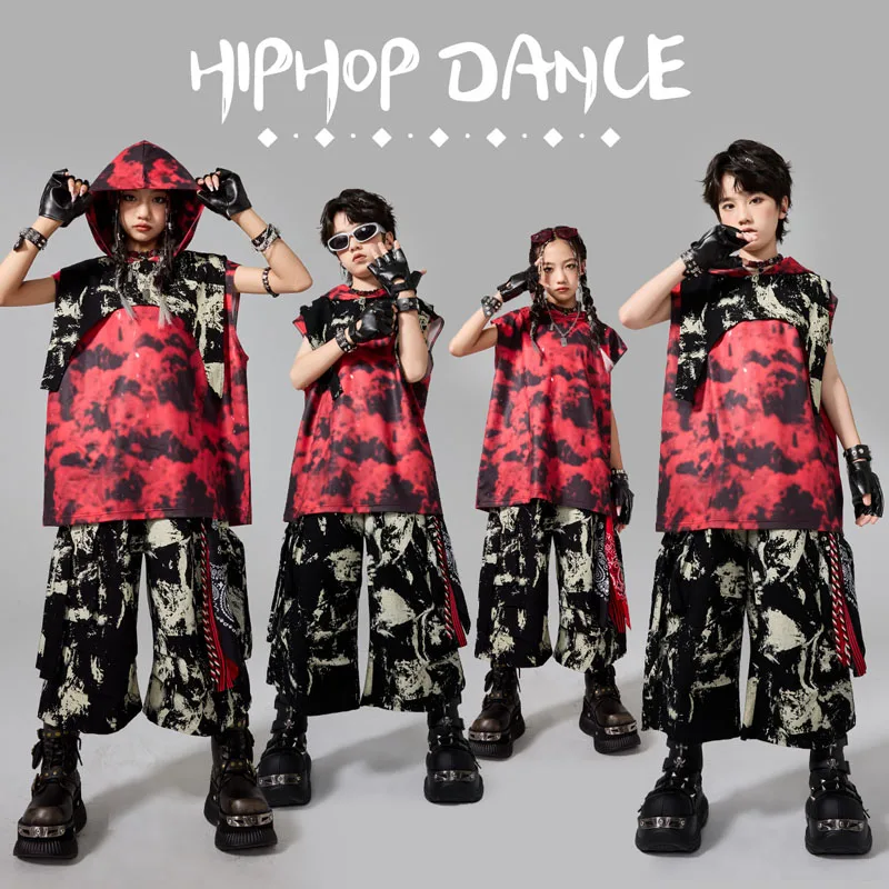 Girls K-pop Cool Graffiti Hooded Vest Street Dance Cargo Pants Boys Hip Hop Top Costume Kids Teens Streetwear Child Clothes Sets