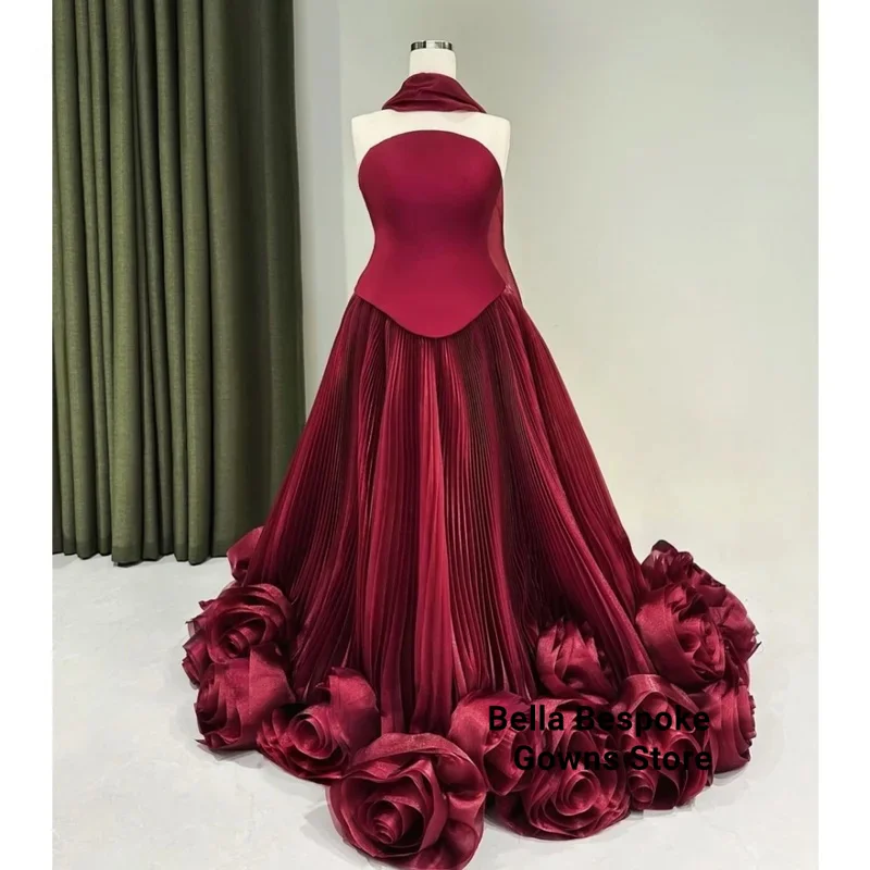 

Dubai Red 3D Flowers Satin Wedding Dress A-line Strapless Evening Dresses Sleeveless Evening Gowns Customized 2025