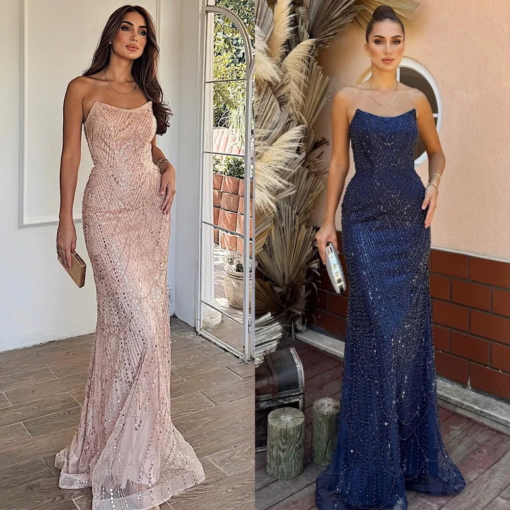 

Customized Modern Style Intricate Organza Rhinestone Beading Mermaid Strapless Long Dresses Bespoke Occasion Dresses Exquisite