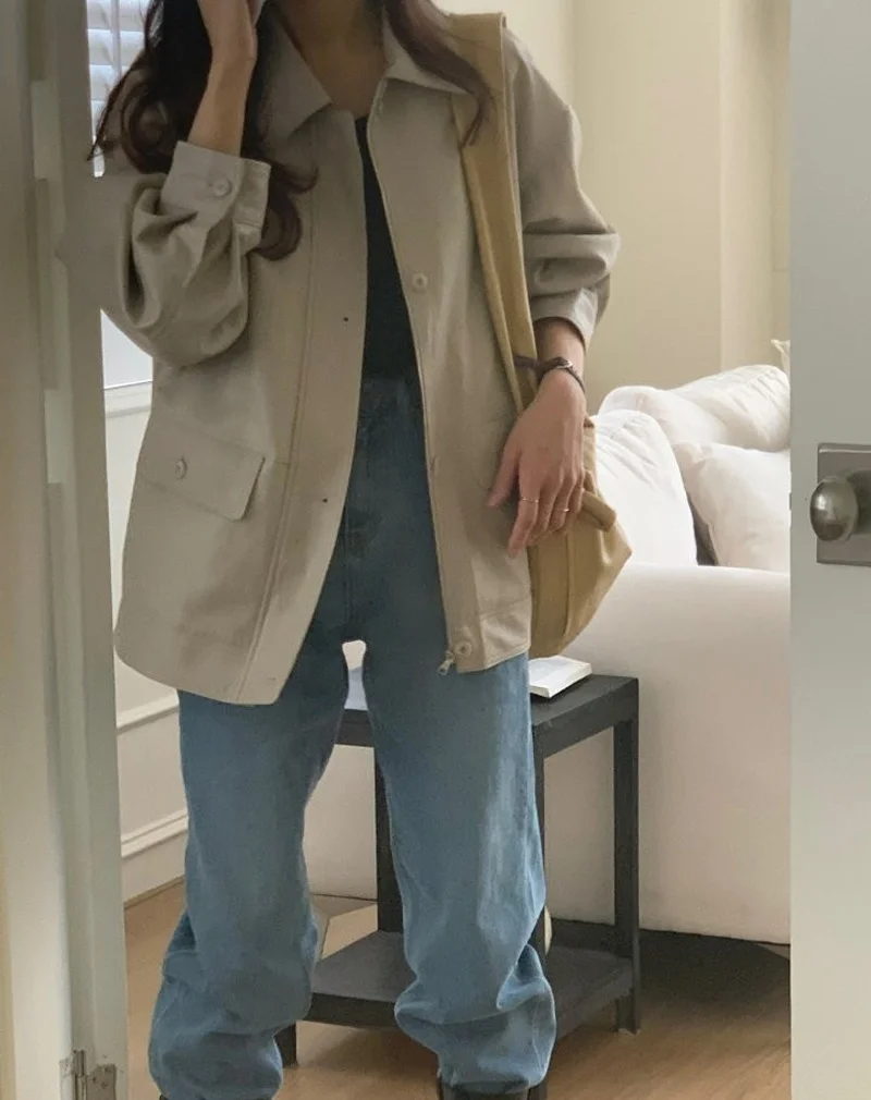 เสื้อแจ็คเก็ตหนังลำลองมีซิป คอตั้ง แขนยาว ทรงหลวม สำหรับผู้หญิงสาว แฟชั่นฤดูใบไม้ร่วง เสื้อคลุม