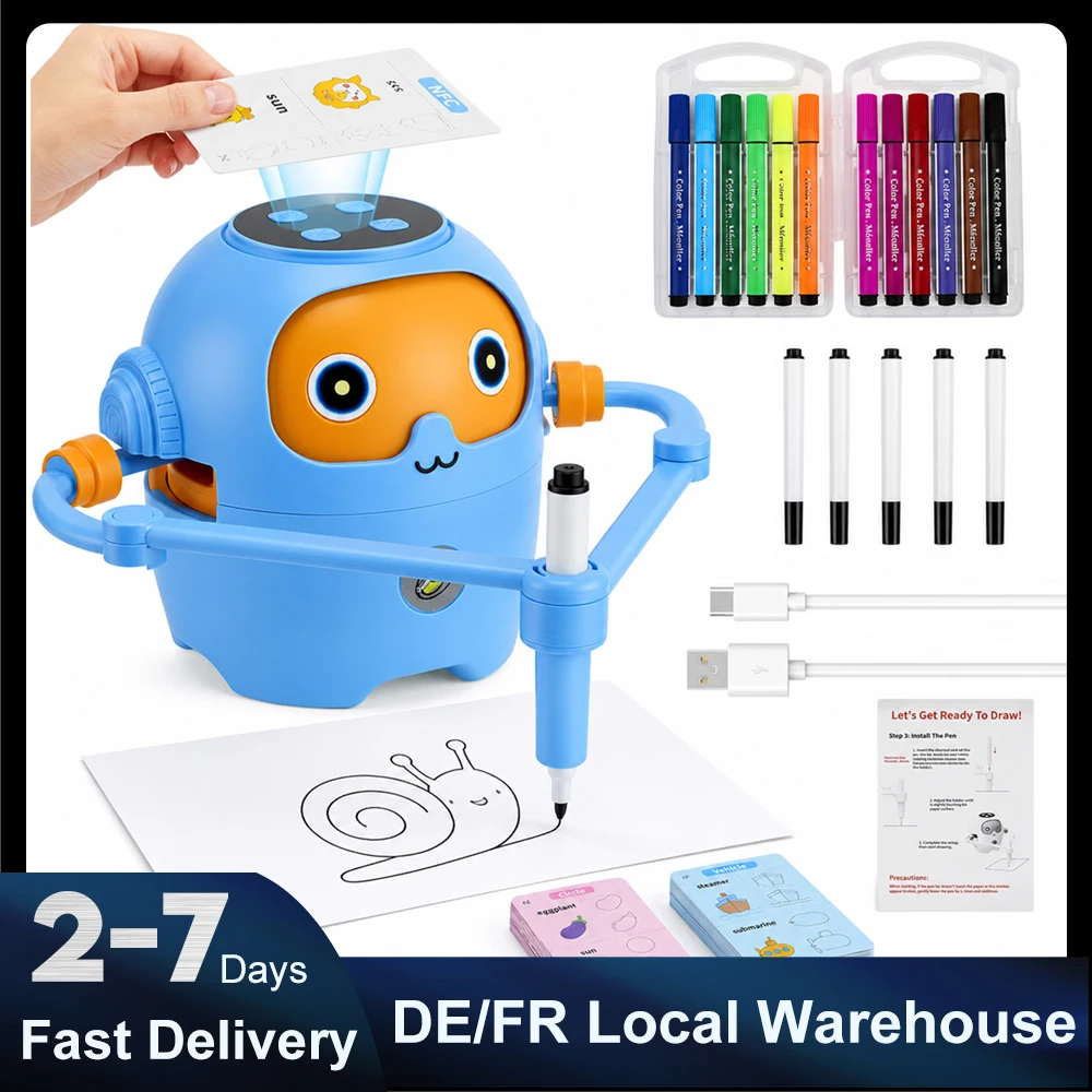 Image of Automatischer Malroboter mit 25 Zeichenkarten, 5 Themen, 100 Mustern, 12 Markierstiften, 5 Pinseln, wiederaufladbares Anfänger-Kunstset für Kinder mit Typ-C-Anschluss
