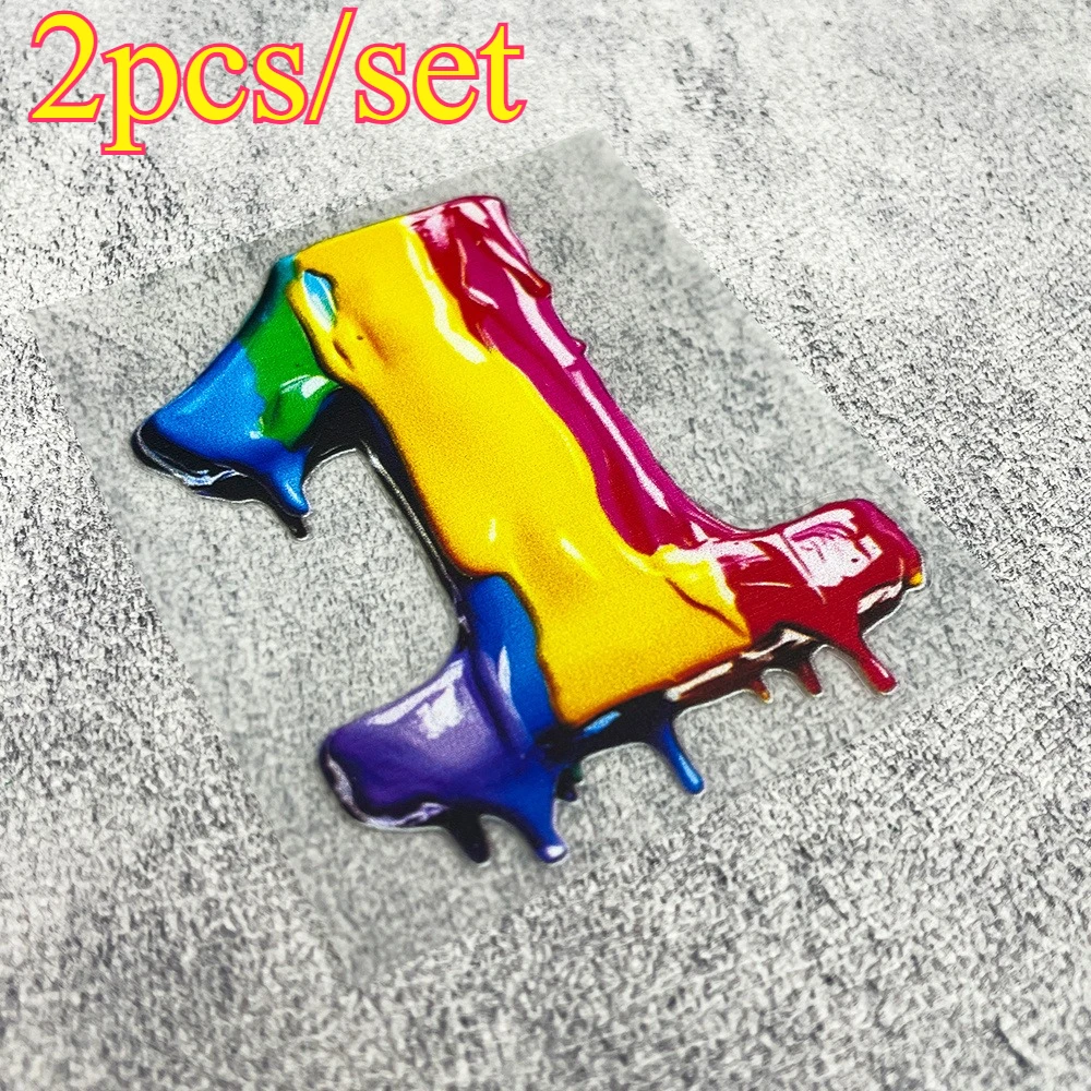 2pcs Racing Number Sticker 0-9 Rainbow Drip Vinyl Decal Waterproof Scratch Resistant for Motorcycle Car Helmet Decoration