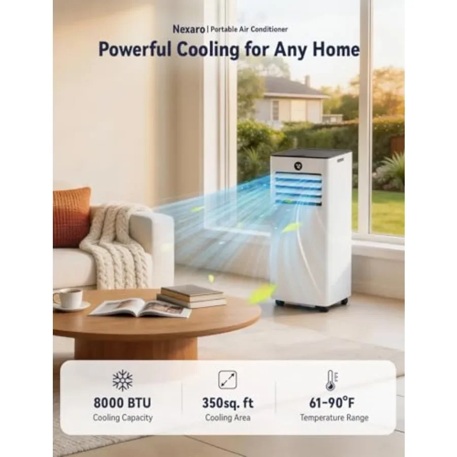 Portable air conditioner for home use, aluminum housing, white color, 8000 BTUs cooling capacity with quiet operation and 4-in-