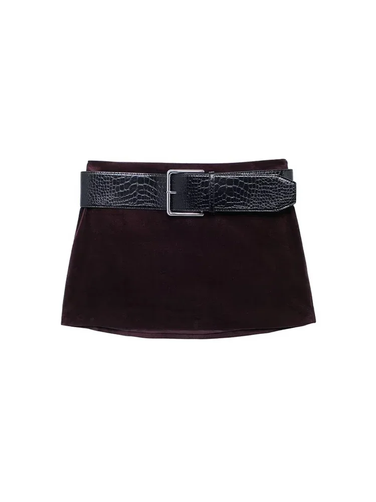 Willshela Women Fashion With Belt Wine Red Side Zipper Mini Skirt Vintage High Waist Female Chic Lady Skirts