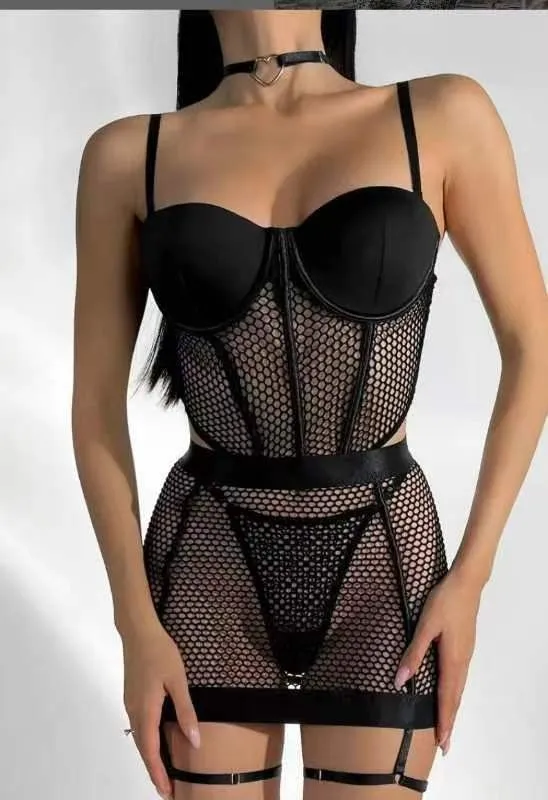 Brskbzda-Ensemble de sous-vêtements push-up à armatures pour femmes, soutien-gorge transparent en maille, olympiques brefs, mode, batterie, noir, lingerie décontractée, 4 pièces