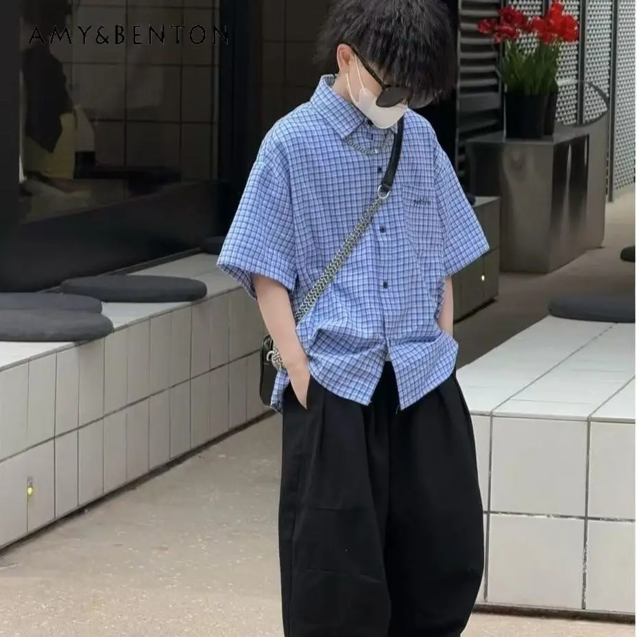 

Boys Handsome 2026 New Summer Short Sleeve Blue Plaid Shirt Kids Korean Fashion High Quality Loose Fit Breathable Casual Tops