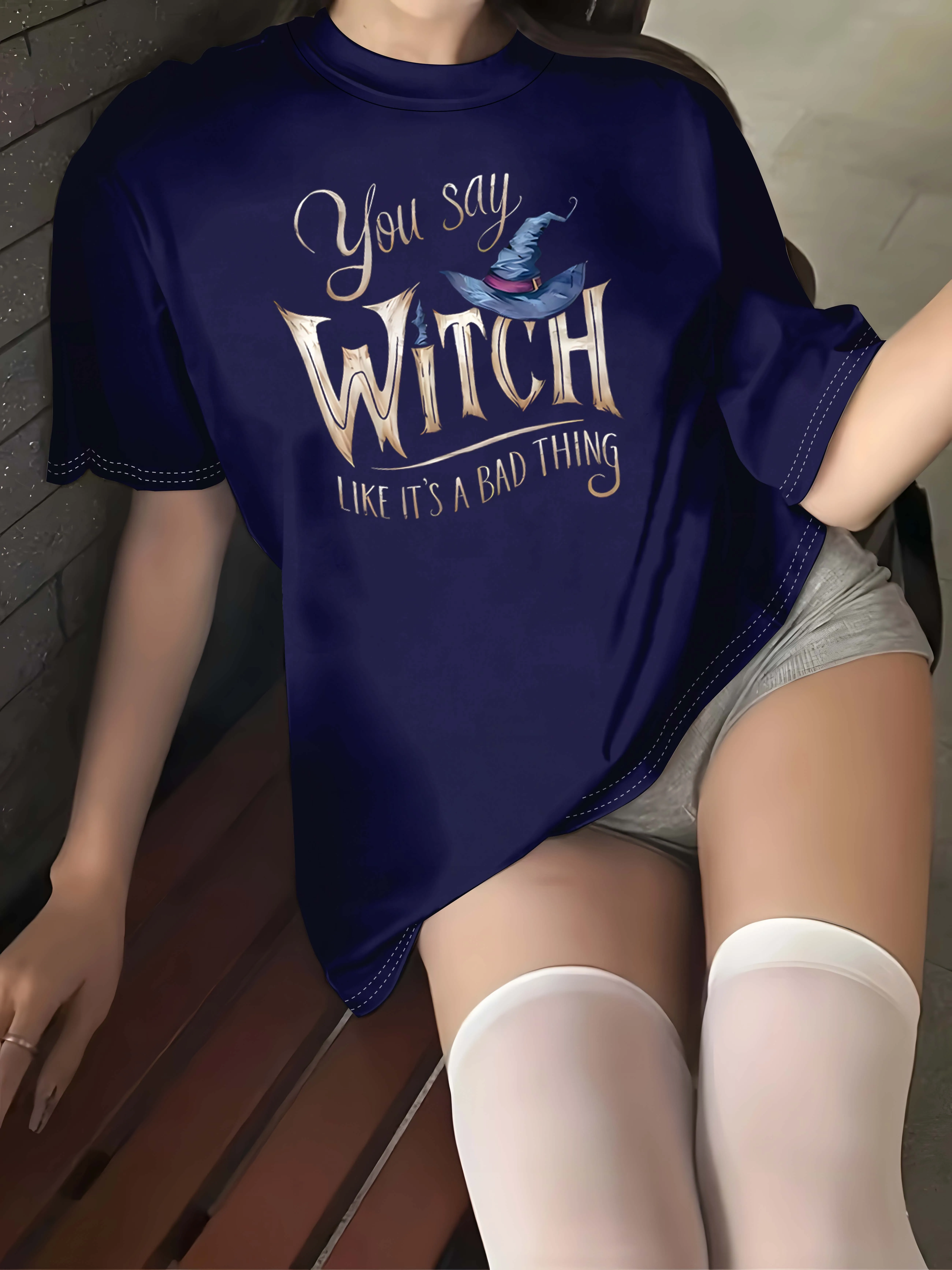 

Plus Size Stylish Garment With Witchy Phrase And Magical Hat Element