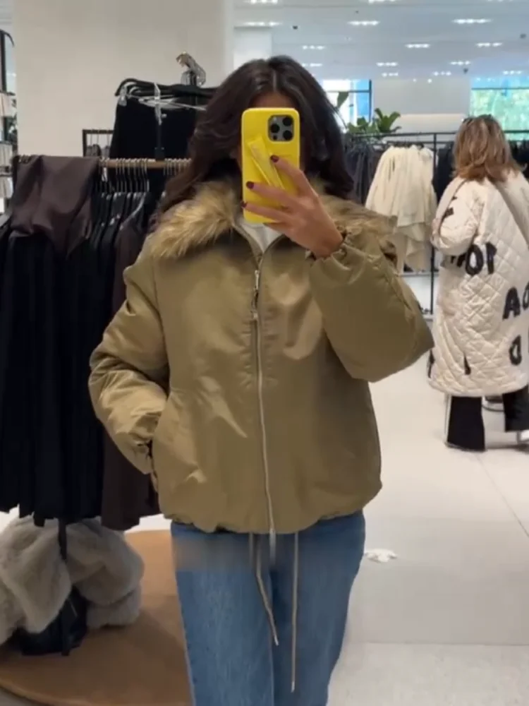 

Однотонная куртка с воротником из искусственного меха, женская шикарная лоскутная куртка с лацканами и длинными рукавами на молнии, свободное теплое короткое пальто, женская одежда 2025 для поездок на работу, уличная одежда