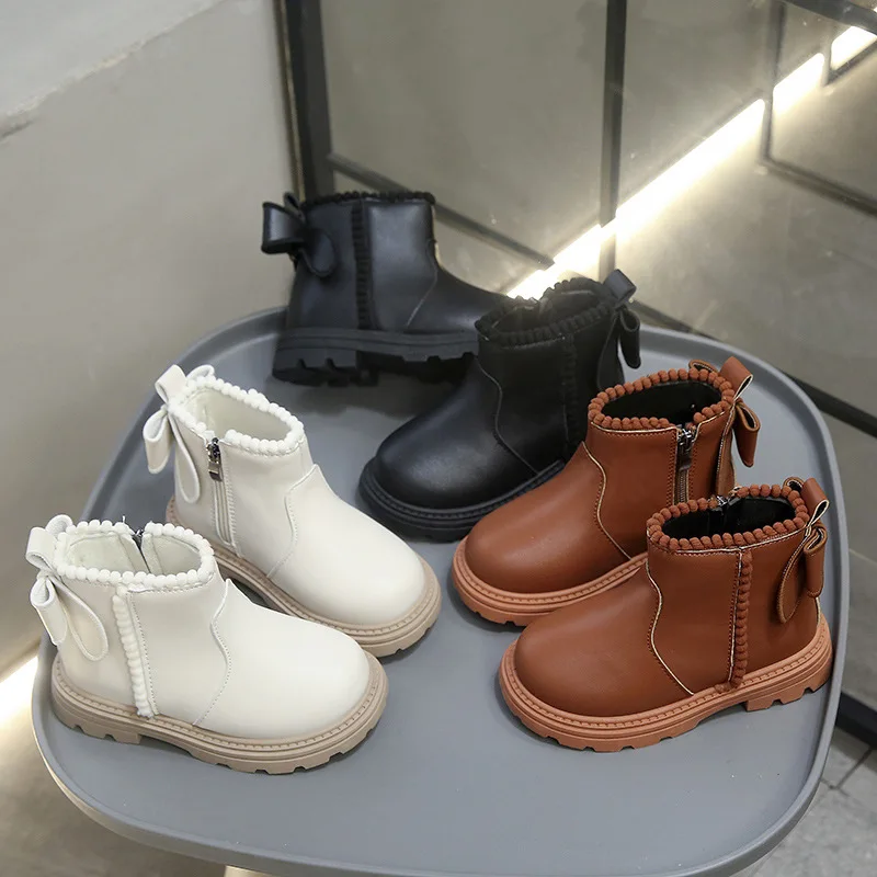 

Botas 2025 Winter New Kids Snow Boots Comfort Anti Slip Girls' Bow Leather Boot Simple Versatile Child Ankle Boots Zapatos