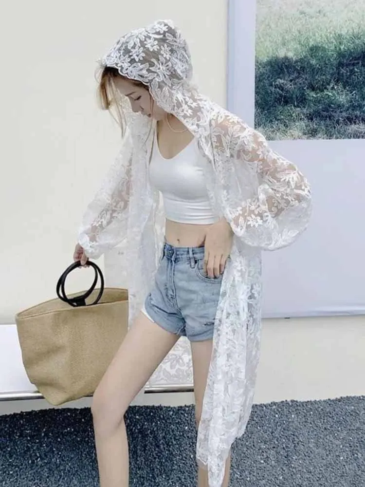 

Spice Girls Pure Desire Sexy Mid-length Coat Sunscreen Lace Smock Jacket Mesh Slim Luxury All-match Premium Moda Outwears