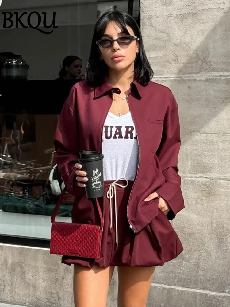 BKQU Fashion Two Piece Sets Women Long Sleeves Zipper Jackets and Tied Lantern Mini Skirt Wine Red Casual Street 2 Piece Outfits