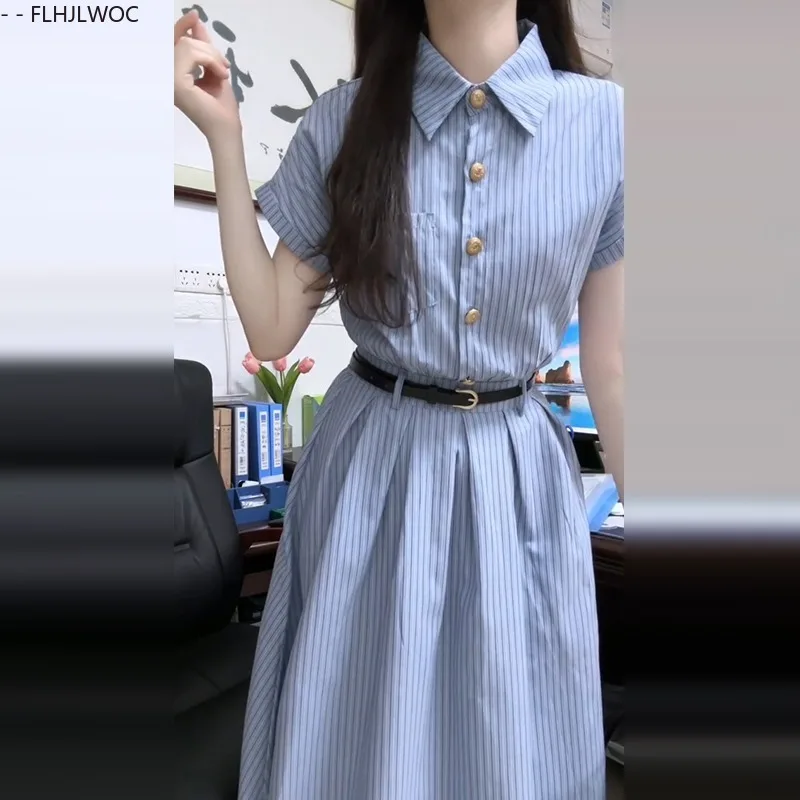 Blue Striped Shirt Dresses New Design Y2K Sweet Girls Women Summer Short Sleeve Preppy Style Retro Vintage Long Dress With Belt