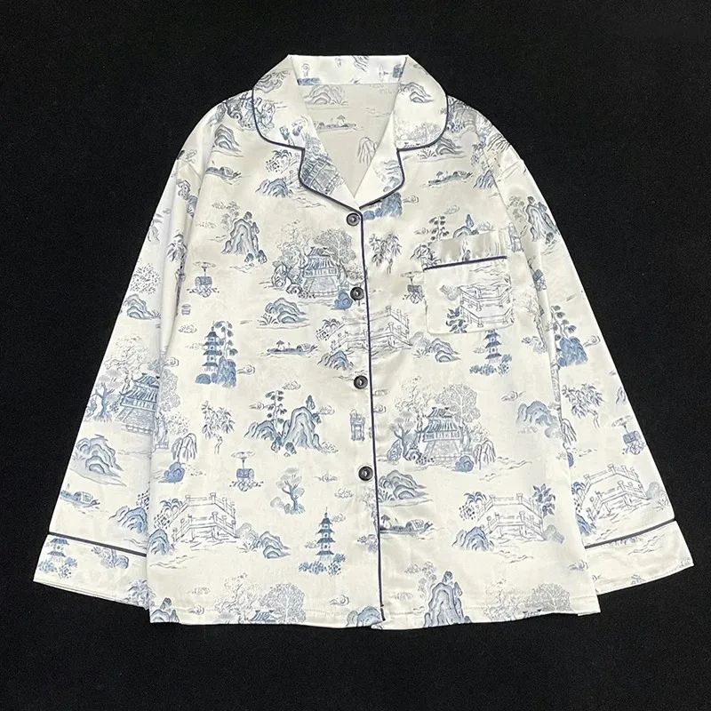 بيجامة نسائية حريرية بأكمام طويلة بيجامة بدلة زهرة مطبوعة عالية الجودة من الحرير الجليدي يمكن ارتداؤها خارج المنزل بيجامة