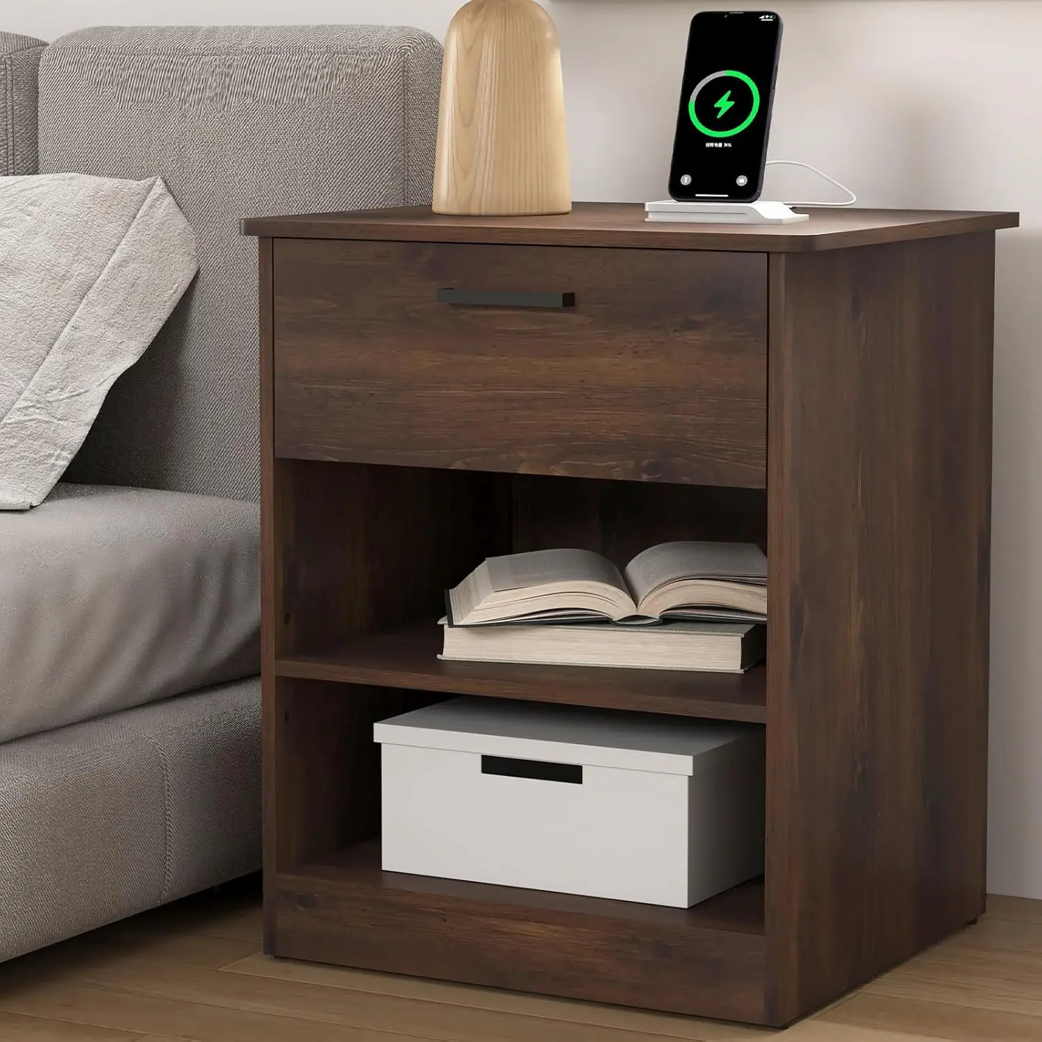 

Прикроватная тумбочка с зарядной станцией USB-C, выдвижным ящиком и открытым отделением для хранения, для спальни, коричневое дерево, на заказ