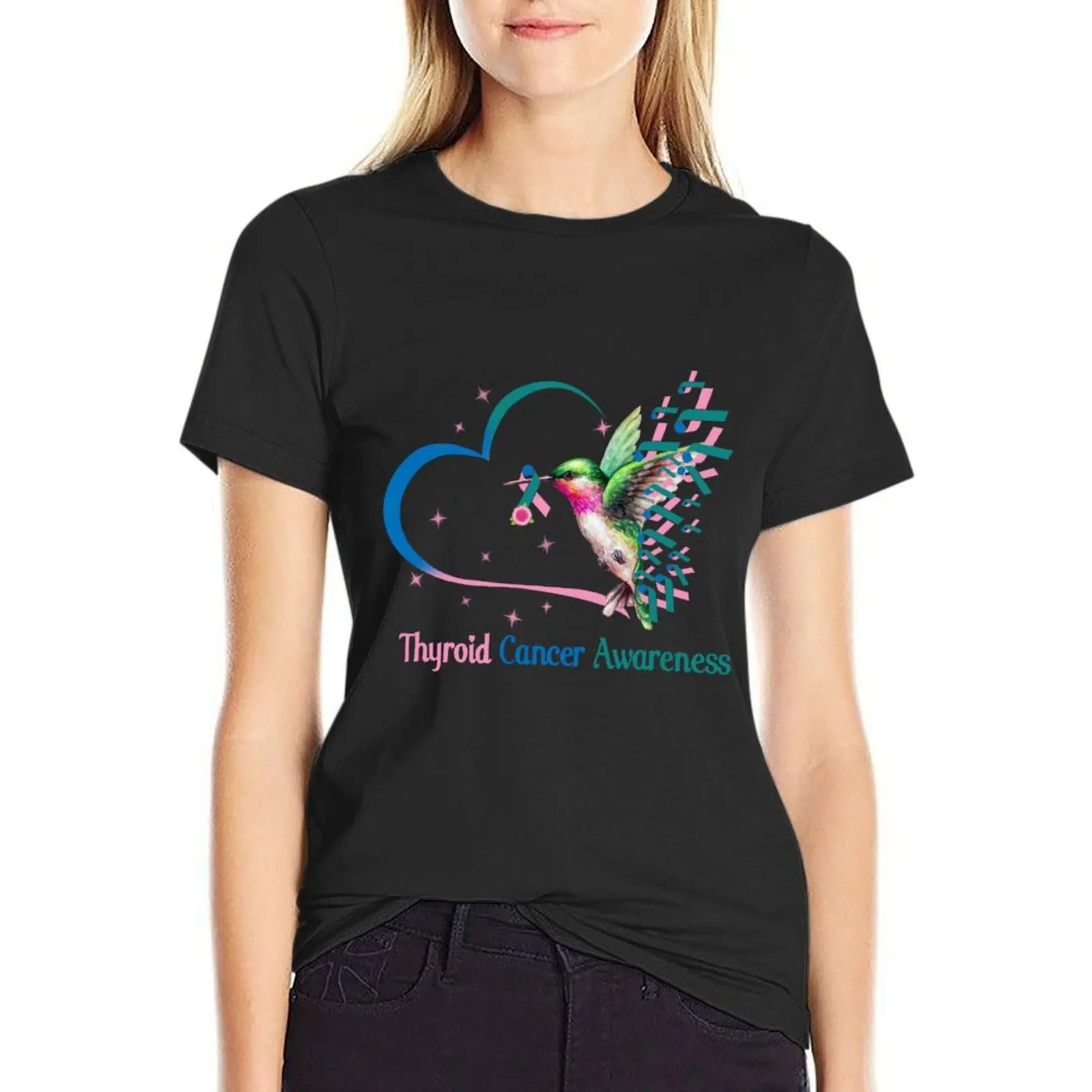 

Bird With Ribbon Thyroid cancer Awareness Gift For Thyroid cancer Warrior Mom Dad T-Shirt summer top clothes for woman