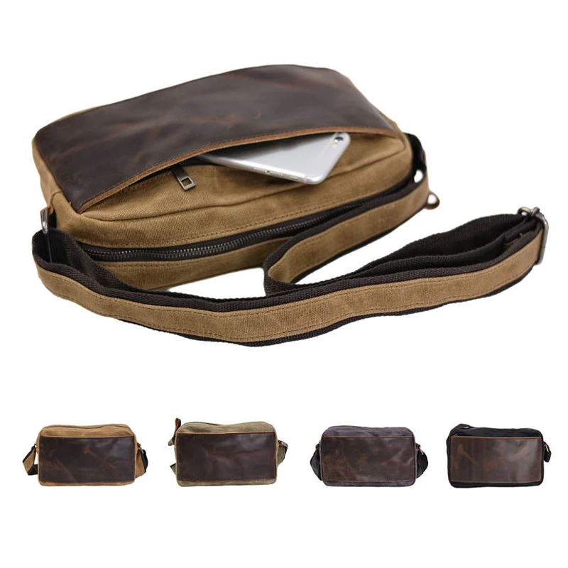 حقيبة كتف قماشية شمعية للرجال ، طبقة رأس موصولة ، جلد بقر عتيق ، حقيبة كروس بودي لباد ، أفقية وغير رسمية ، أنيقة وغير رسمية