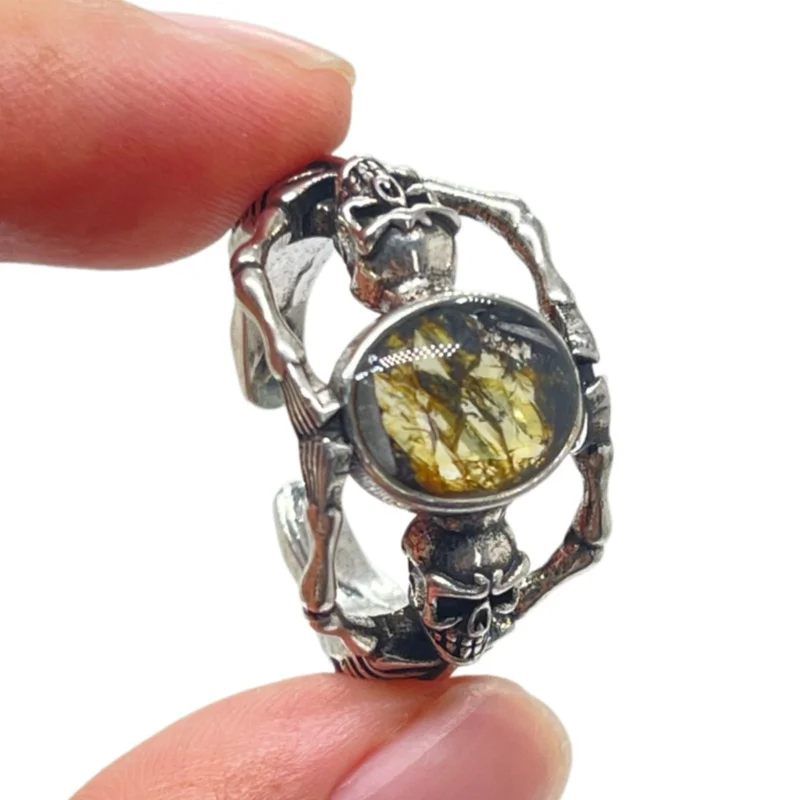 Authentic Seymchan Pallsite Circular Skull with Exquisite Meteorite Ring Design and Adjustable Size K56
