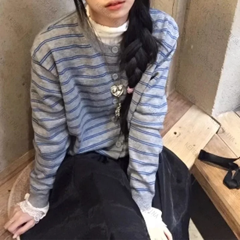 الخريف والشتاء أنيقة حلوة كلاسيكية مخطط زر سترة محبوكة أعلى الأمريكية مريحة تنوعا سترة محبوكة ايمو