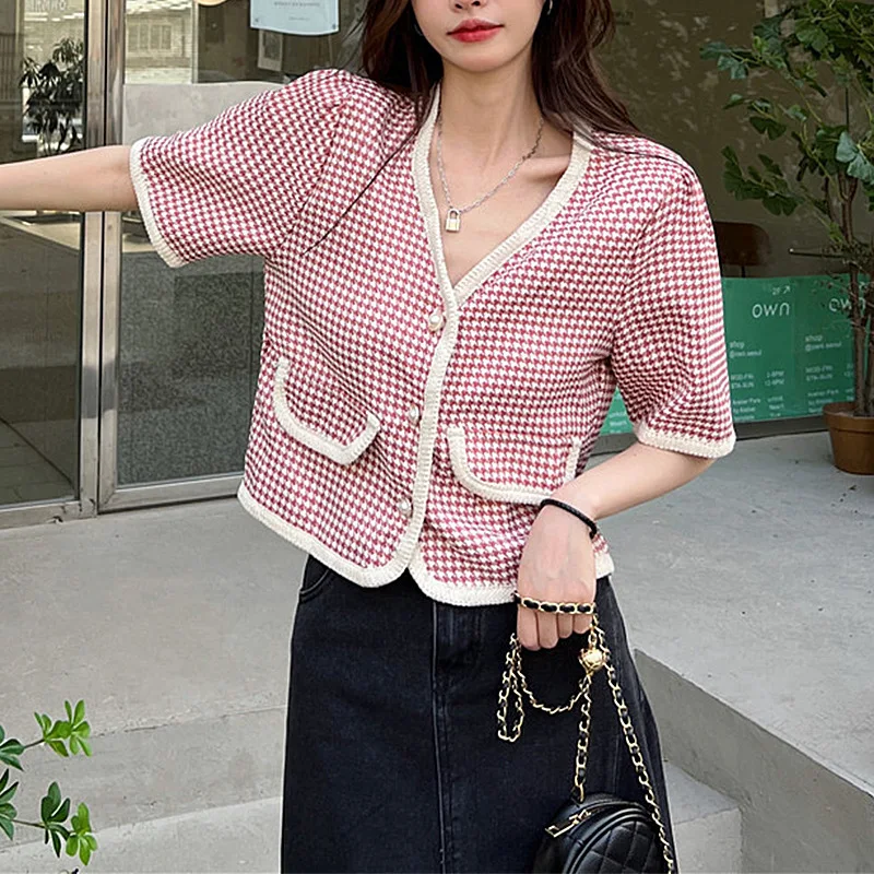 

2025Summer New French Style Slim FitVPrinted Knit Patchwork Short Sleeve Crop Top Women PG5164