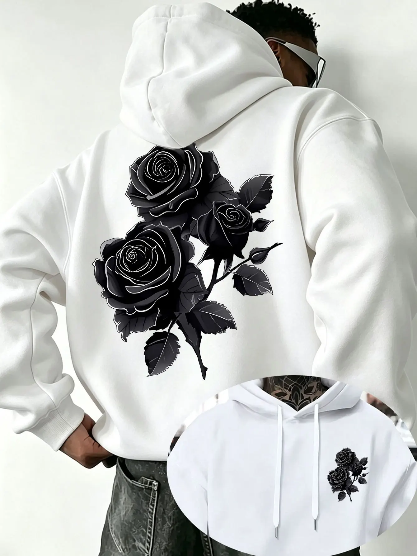 Dark Style Realistic Black Rose Floral Illustration Print American Vintage Men's Hoodie with Adjustable Drawstring and Lining, Versatile Sweatshirt for Daily Commuting and Casual Wear, Autumn/Winter All-Match Top, Streetwear Trend Outing Apparel