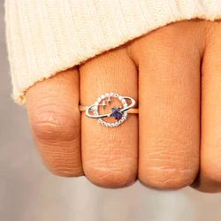 Huitan Planet Finger Ring for Women Fashionable Blue Stars Silver Color Rings Daily Wear Statement Accessories Creative Jewelry