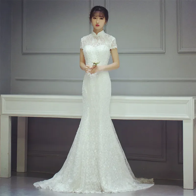 

Custom Elegant Mandarin Collar Mermaid Wedding Dress 2026 Luxury Lace Sheer Back Bridal Gown Vestido De Novia