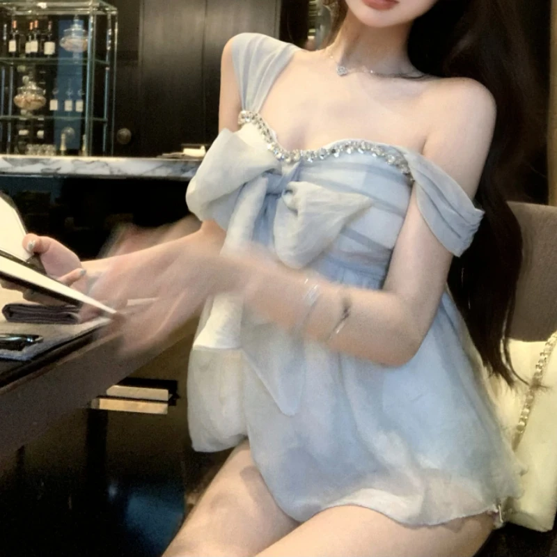 Heavy Industry Rhinestone Sling Vest Women's Niche Bow-Close-up Waist-Close-Unknown Special Beautiful Top