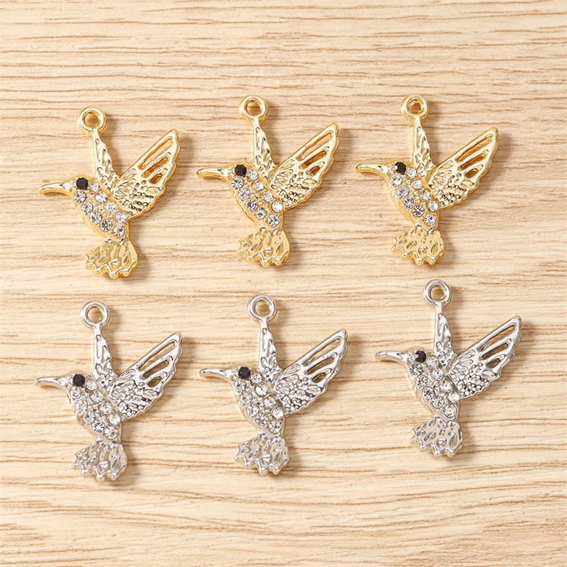 10pcs 20x24mm Cute Gold Silver Color Crystal Alloy Animal Bird Charms Pendants for Jewelry Making Necklace Earrings DIY Supplies