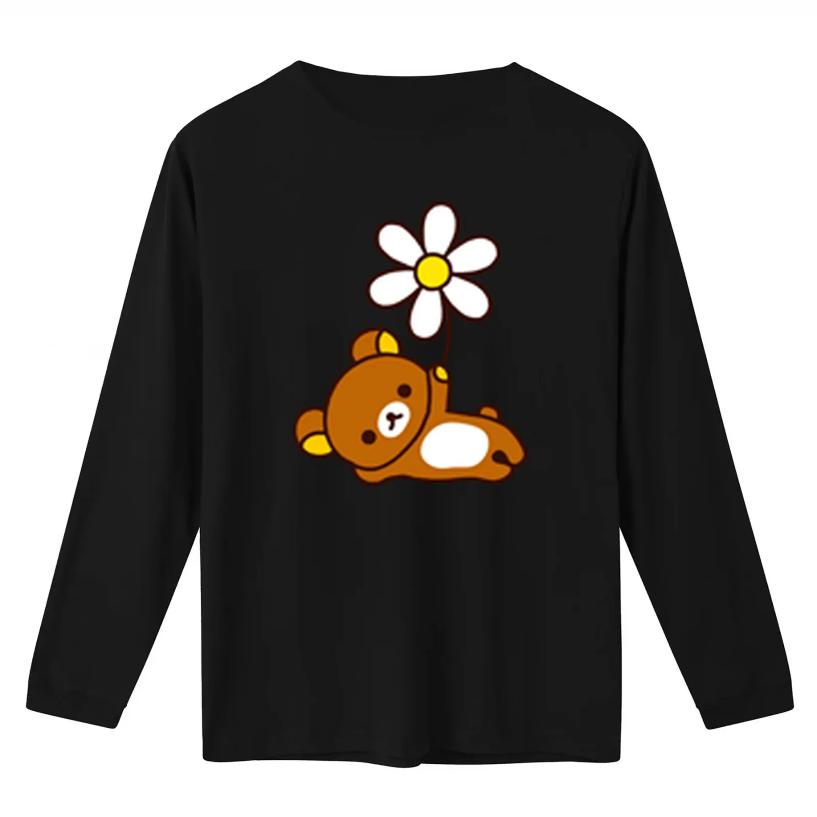 Brown Bear Rilakkuma With Daisy Flower T-Shirt Summer Casual Cotton Tee Oversized Streetwear Tops Vintage Graphic Print