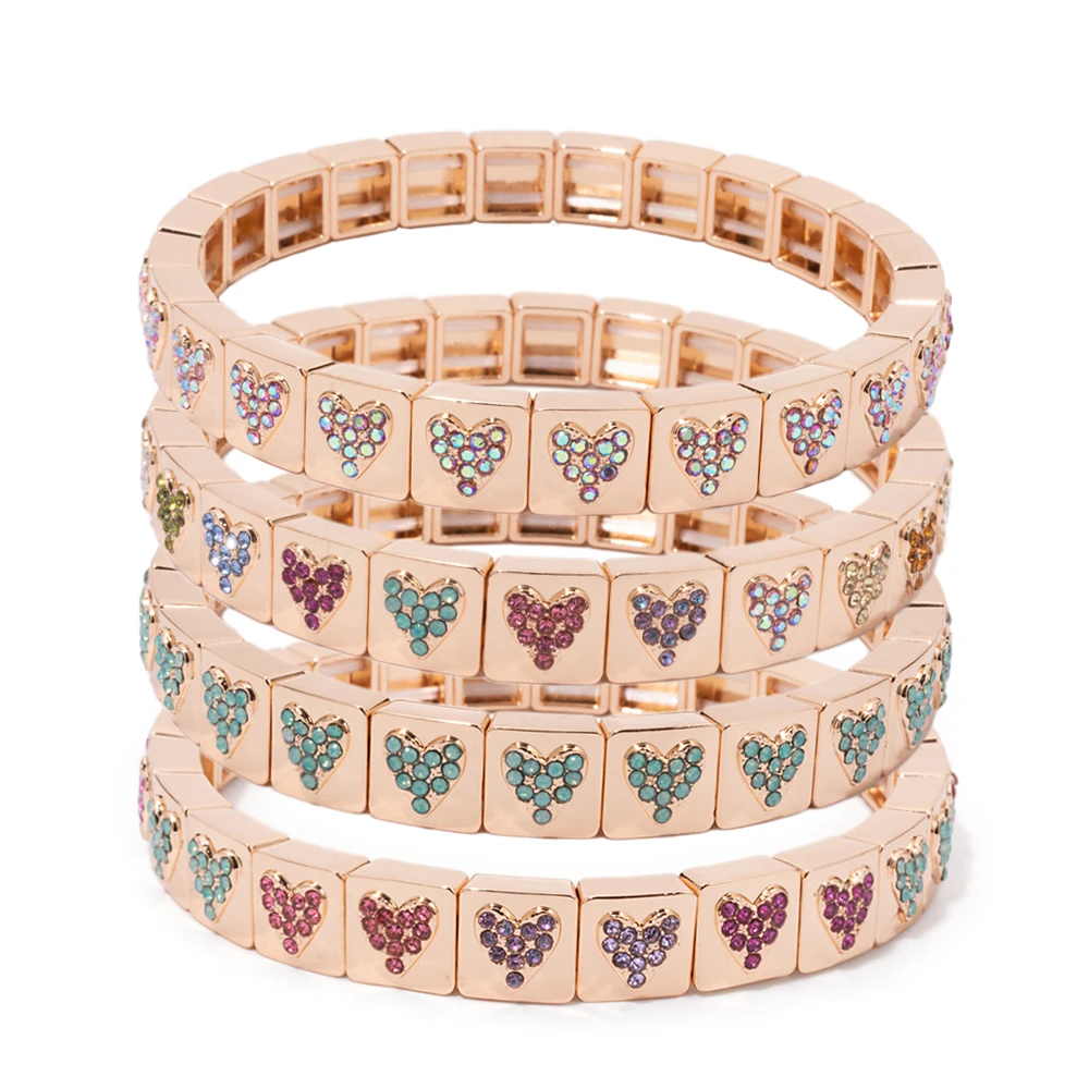 

8x8mm Sqaure Shape Paved Colorful Zirconia Love Bangle For Women Summer Beads Elastic Bracelets