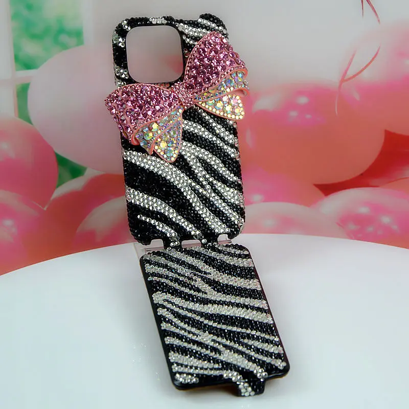 Handmade Rhinestone Flip Cover with Black and White Zebra Print Phone Case for iPhone 15 Pro Max 15 14 13 12 11 Protective Case