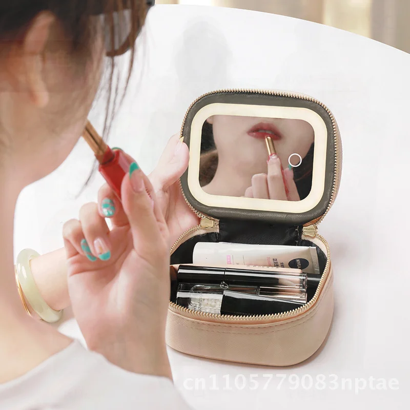 Mini Portable Makeup Bag with LED Light And Mirror Rechargeable Travel Cosmetic Storage Case Unisex PU Waterproof