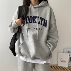 Ropa de calle, Sudadera con capucha con estampado de letras de Brooklyn, sudadera para mujer, sudaderas cálidas de manga larga a la moda, camisetas Harajuku de invierno para mujer, ropa