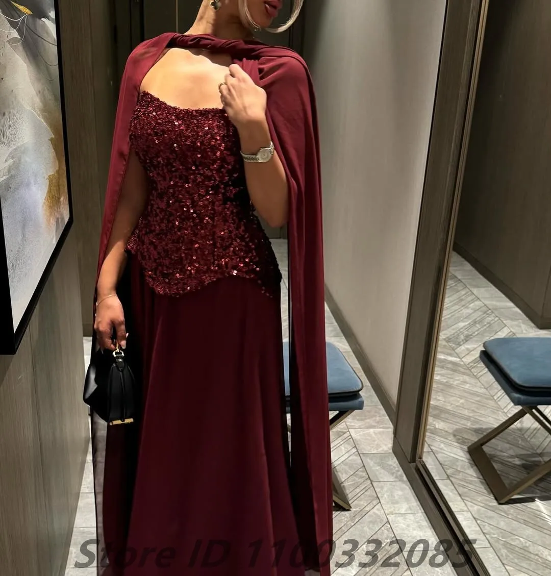 EPackage-Robe de soirée en mousseline de soie bordeaux pour femme, ligne A, arabe saoudien, cape à paillettes, robe de Rh, robe formelle personnalisée, Dubaï