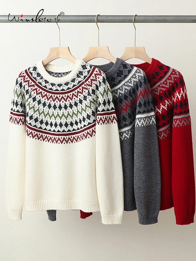 

Winsleter-100%Sheep Wool Elegant Sweater, O Neck Jacquard, Women Retro Lazy Loose Knit Fair Isle Sweater, 2025 Winter T5N513CC