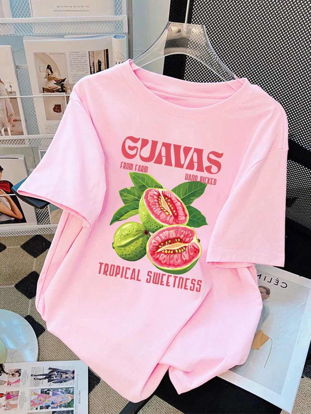 

100% Cotton Womens T-Shirts Summer Hand Picked Guavas Prints Short Sleeve Tees Soft Loose O-Neck Tops All-Match Womans Clothes