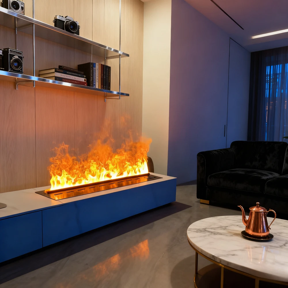 مدفأة ذكية ثلاثية الأبعاد مع لهب LED ملون ECO Premium، مدفأة مصممة لغرفة المعيشة - لوحة زجاجية، مرطب
