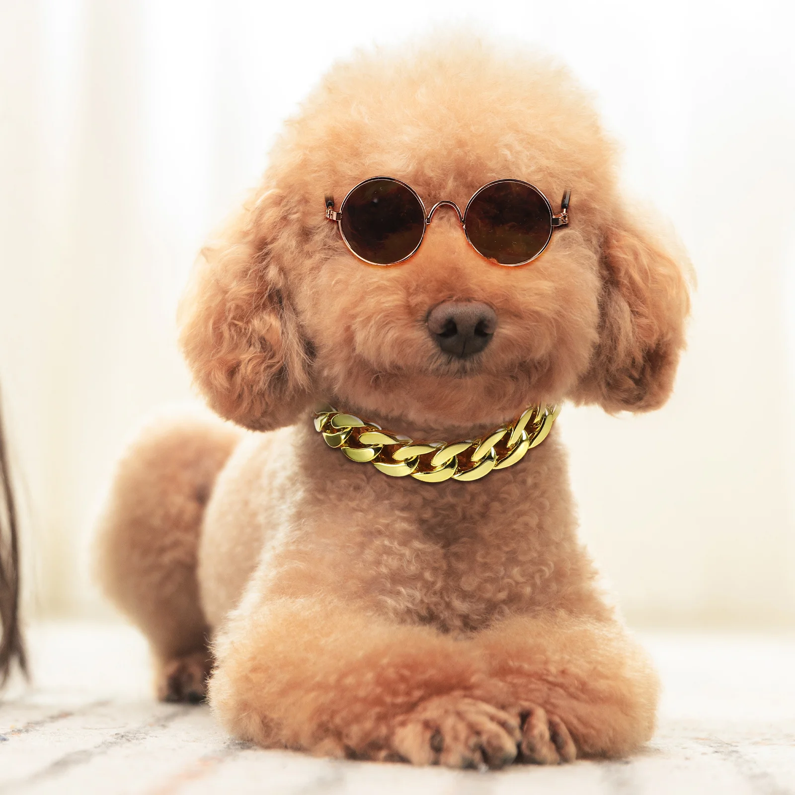 

2Pcs Pet Sunglasses Gold Chain Necklace Unique Pendant Cool Pet Jewelry Photo Props for Party Costume Cat Necklace