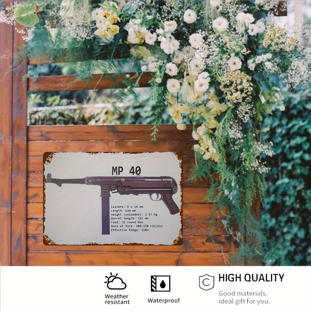 

Vintage MP 40 Submachine Gun Metal Sign - 8x12 Inches, Waterproof, Dustproof, Retro Wall Art for Home, Bar, Cafe Decor