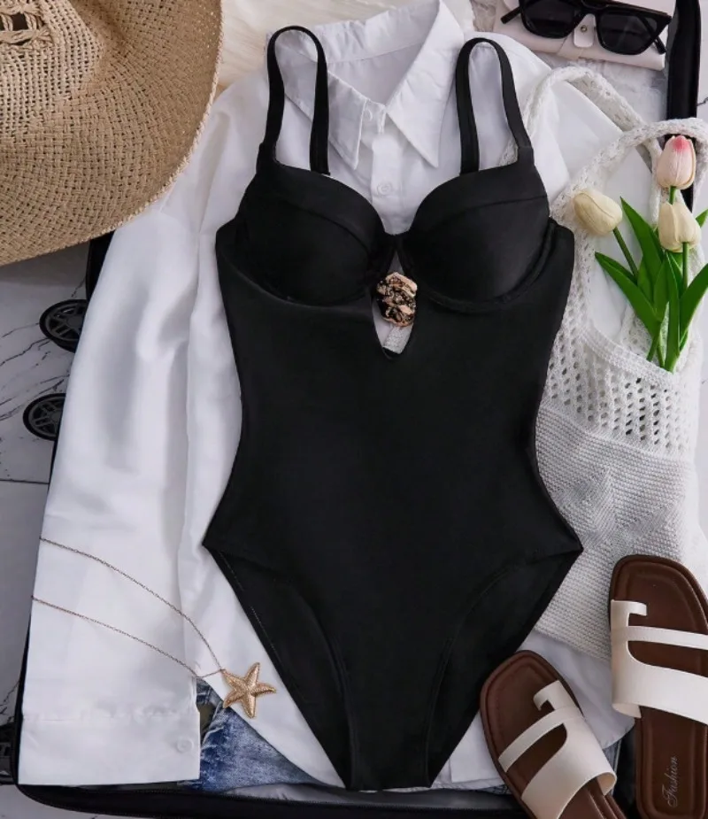 

Сексуальные черные однотонные купальники, цельные купальники с завязками на спине и металлическим декором, бикини, пляжная одежда, боди, бикини