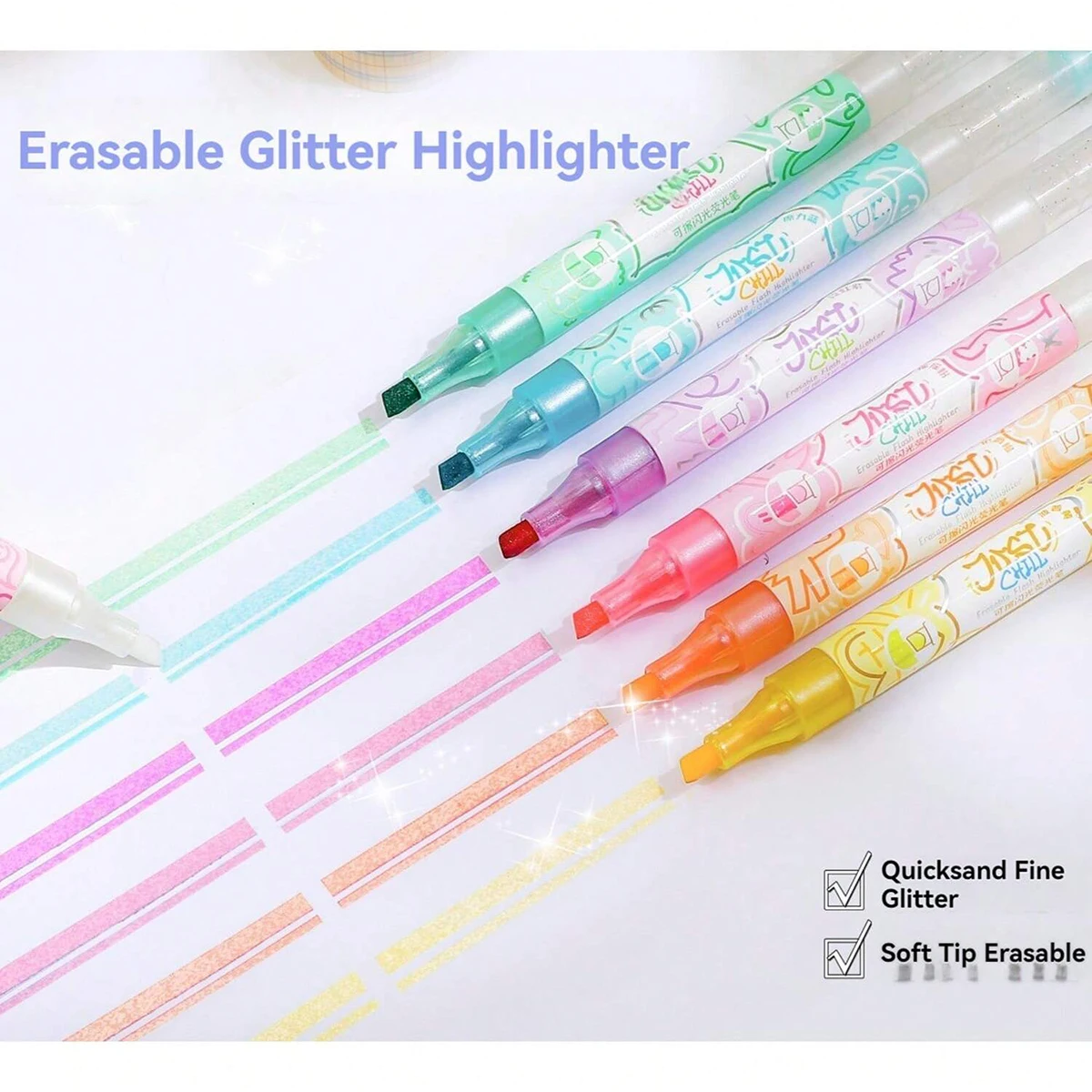 6 Colors Kawaii Erasable Glitter Highlighters, Dual Tip Chisel Nib No‑Bleed, Aesthetic Pens for Bible Planner School Stationery