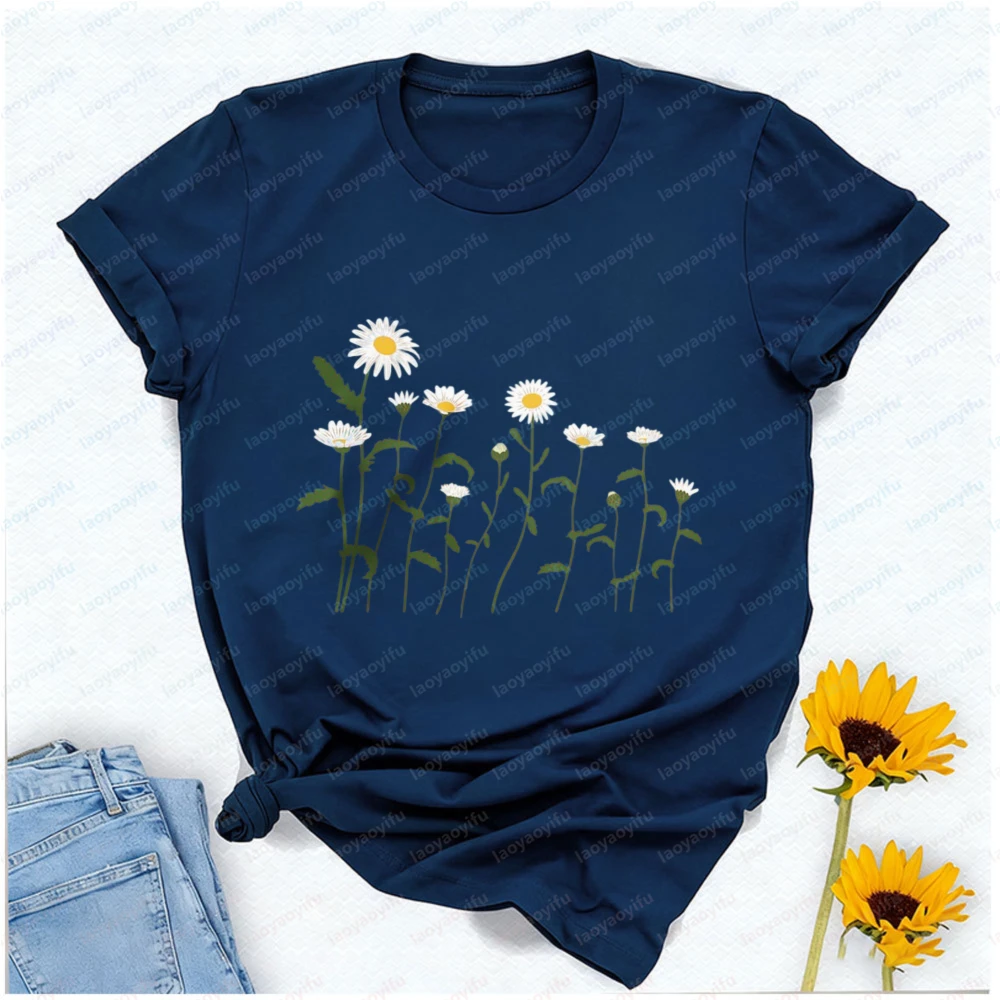 Daisy Flower T-Shirt Women's Graphic Tee Short Sleeve Wildflower Botanical Print Shirt Soft Cotton Crew Neck Shirt Spring Summer