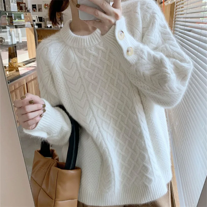 Autumn and Winter Clothes Women Chic Cuff Crew Neck Knitted Sweater Women Loose Lazy Wind Twist Knitted Pullover Women Top