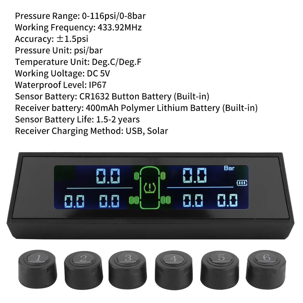 Tire Pressure Monitor System Solar Powered TPMS Detector with LCD 6 External Sensor for RV Truck  Large SUV Big G Pickup